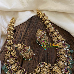 Gold Look Alike Antique Temple Haram - Lakshmi Haram-Red White-Green Bead-G10477