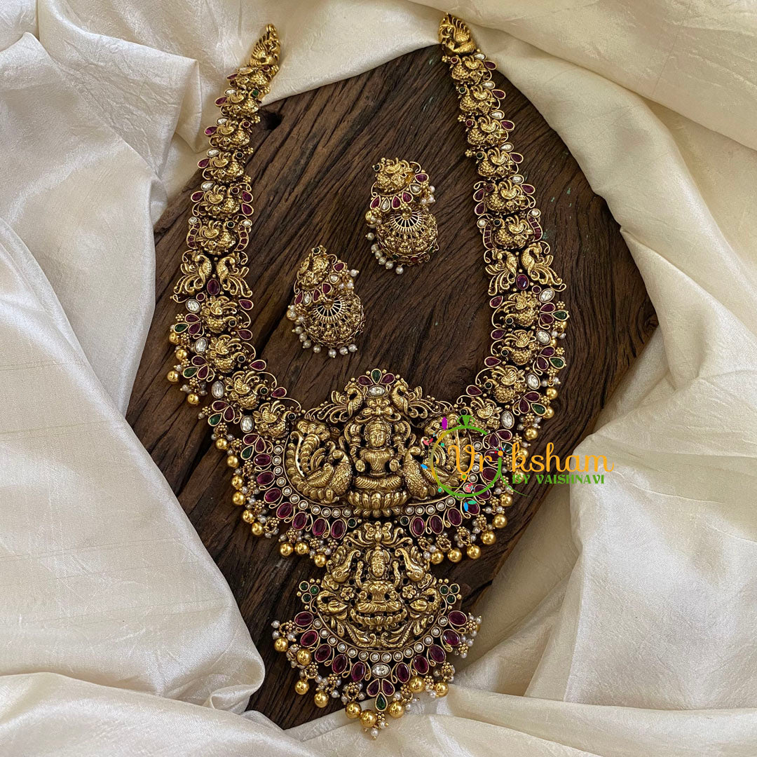 Gold Look Alike Antique Temple Haram -Lakshmi Haram-Red Green-Gold Bead-G10476