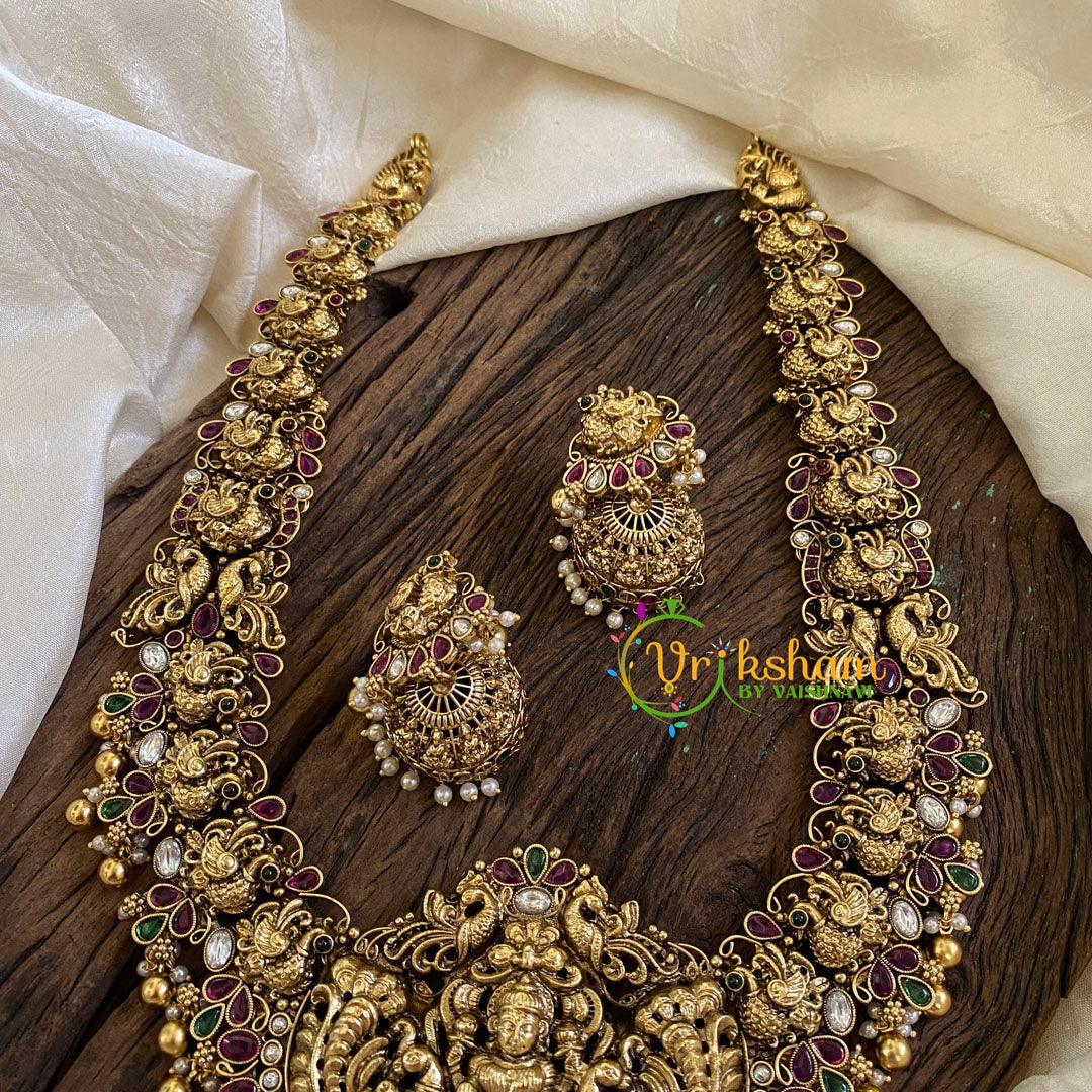 Gold Look Alike Antique Temple Haram -Lakshmi Haram-Red Green-Gold Bead-G10476