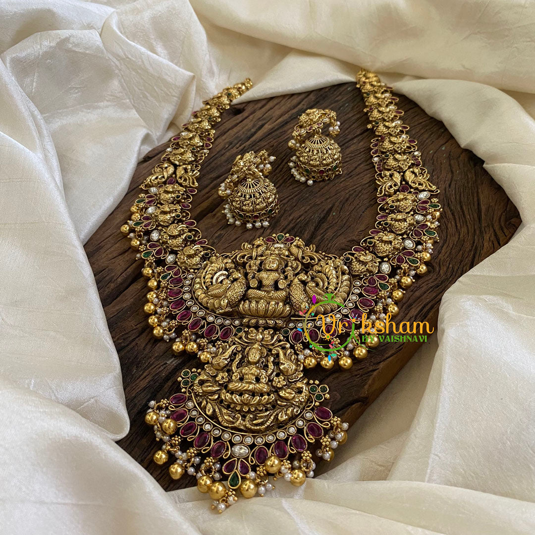 Gold Look Alike Antique Temple Haram -Lakshmi Haram-Red Green-Gold Bead-G10476