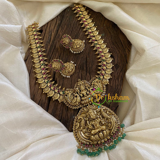Gold Look Alike Antique Temple Haram - Lakshmi Haram-Green Bead -G10475