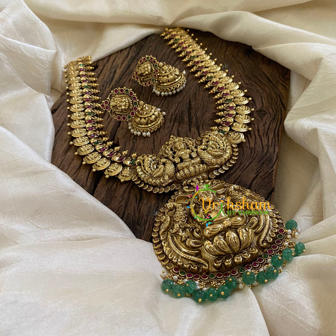 Gold Look Alike Antique Temple Haram - Lakshmi Haram-Green Bead -G10475