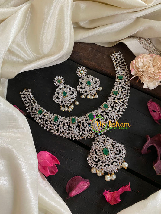 Bridal American Diamond Neckpiece-Green-Geometric-G4403