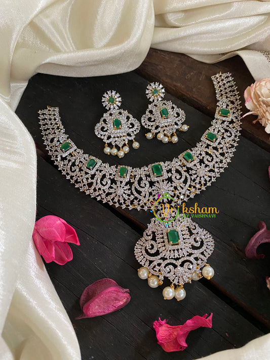 Bridal American Diamond Neckpiece-Green-Geometric-G4403