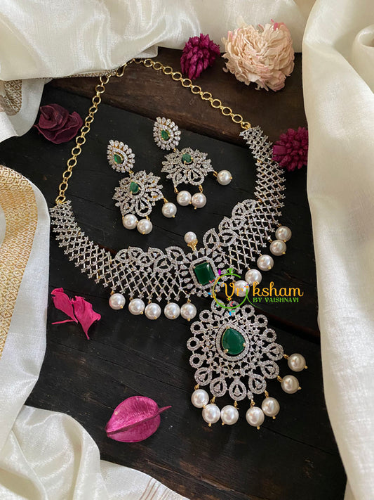 Bridal American Diamond Neckpiece-Green-Tilak Pendant-G4399