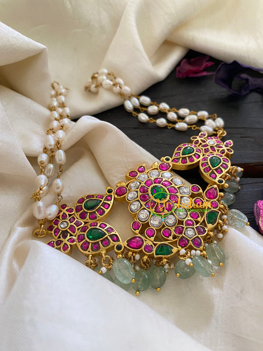 Jadau Kundan Pearl High Neck Choker -Pastel Green Bead-J919