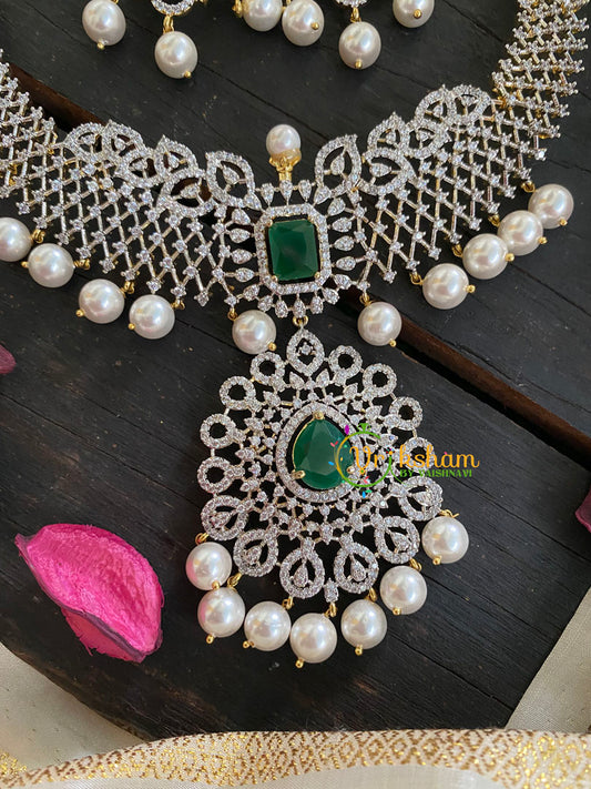 Bridal American Diamond Neckpiece-Green-Tilak Pendant-G4399