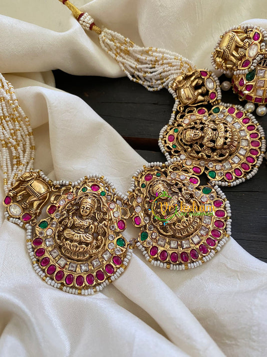 Jadau Kundan Layered Pearl Lakshmi Short Neckpiece -3 Pendant-J909