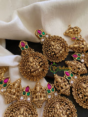 Jadau Kundan Lakshmi Choker Short Neckpiece-4 Pendants-Pink Green White -J913