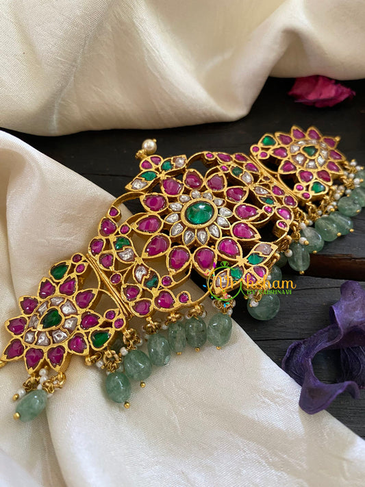 Green Bead Jadau Kundan High Neck Choker -J928