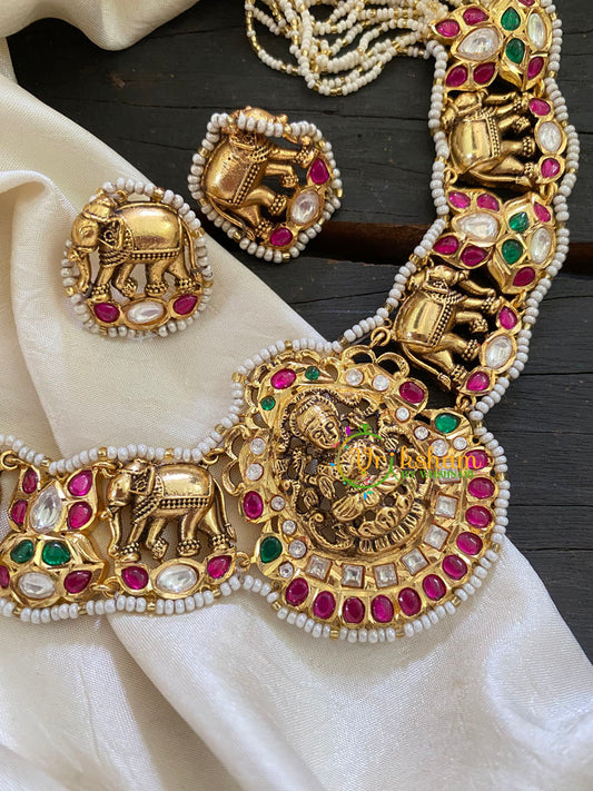 Jadau Kundan Layered Pearl Lakshmi Short Neckpiece -J907