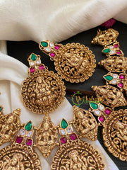 Jadau Kundan Lakshmi Choker Short Neckpiece-4 Pendants-Green White Pink-J914
