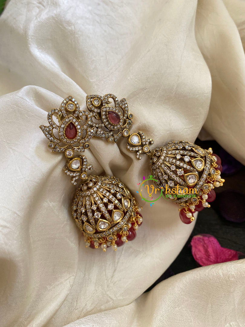 Red Long Victorian Diamond Jhumkas -VV420