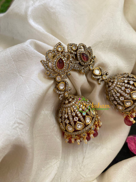 Red Long Victorian Diamond Jhumkas -VV420