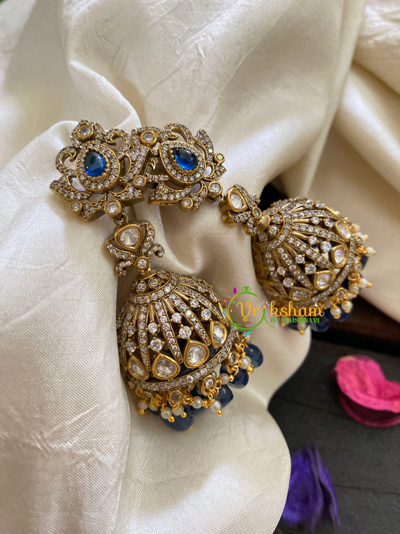 Blue Long Victorian Diamond Jhumkas-VV421