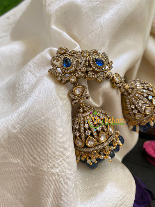 Blue Long Victorian Diamond Jhumkas-VV421