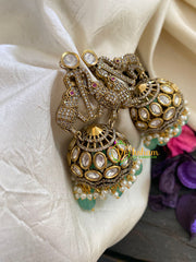 Green Bead Victorian Diamond Jhumkas -Elephants-VV434