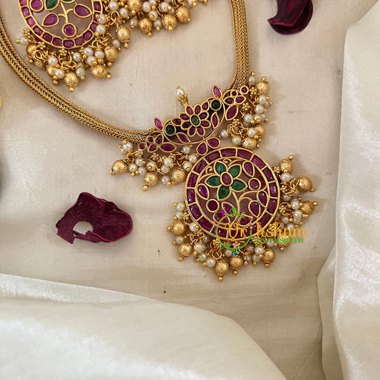 AD Stone Designer Addigai Short Neckpiece-Red Green White-Gold Bead Pearl-G9599