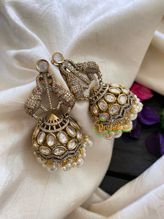 Pearl Victorian Diamond Jhumkas -Elephants-VV432