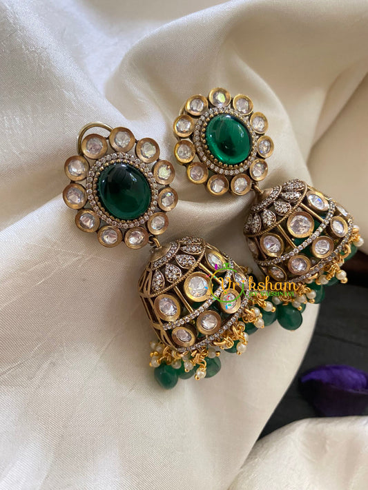 Green Victorian Diamond Jhumkas-VV418