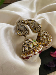 Red Bead Victorian Diamond Jhumkas -Paisley Parrot -VV430