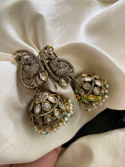 Green Bead Victorian Diamond Jhumkas -Paisley Parrot -VV428