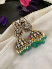 Green Bead Victorian Diamond Jhumkas -Paisley Parrot -VV428