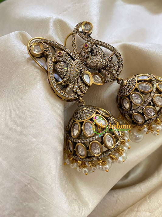 Pearl Victorian Diamond Jhumkas -Paisley Parrot -VV426