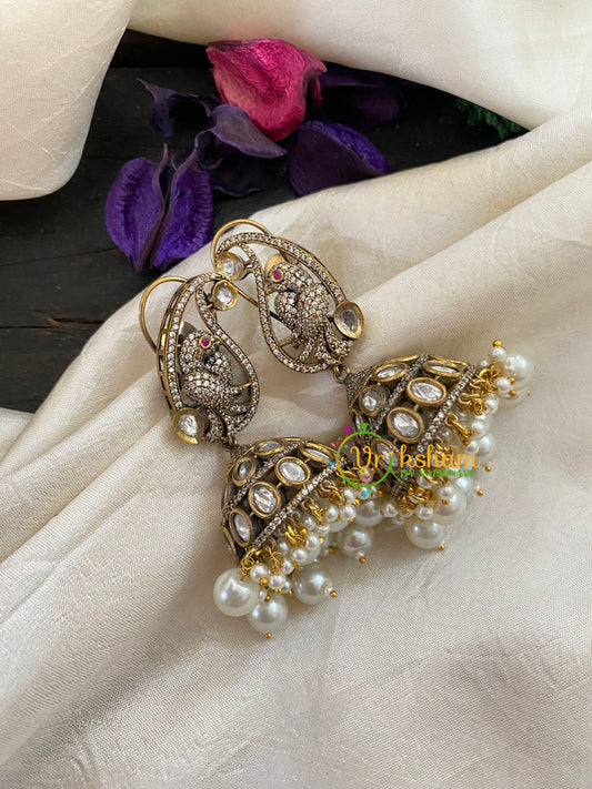 Pearl Victorian Diamond Jhumkas -Paisley Parrot -VV426