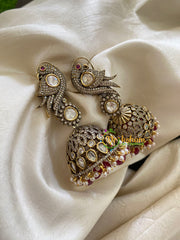 Red Bead Victorian Diamond Jhumkas -Parrot -VV425