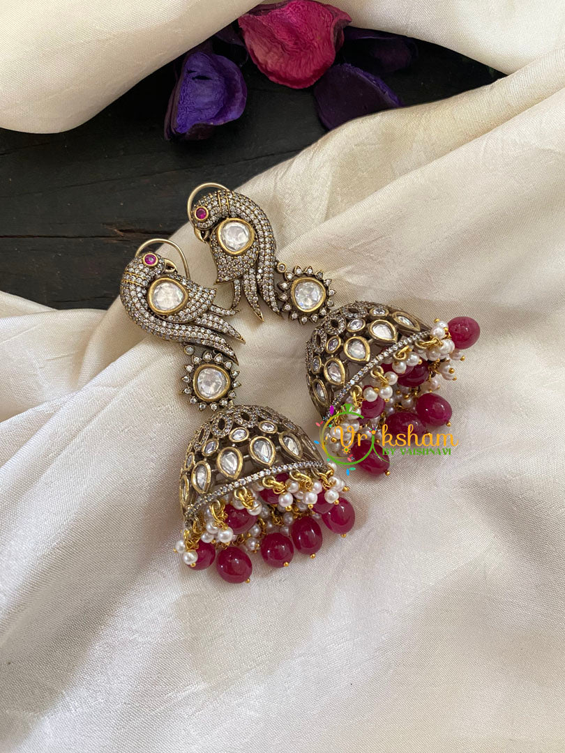 Red Bead Victorian Diamond Jhumkas -Parrot -VV425