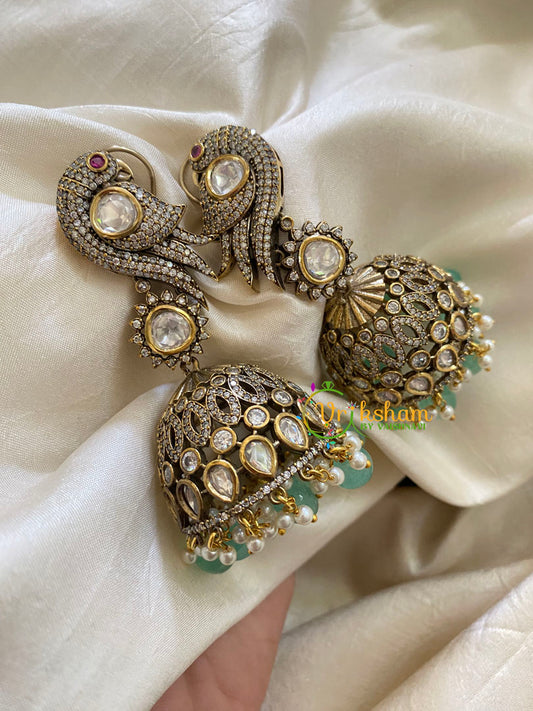 Green Bead Victorian Diamond Jhumkas -Parrot -VV424