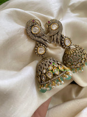 Green Bead Victorian Diamond Jhumkas -Parrot -VV424