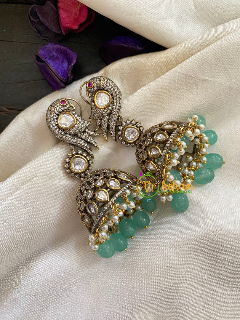 Green Bead Victorian Diamond Jhumkas -Parrot -VV424