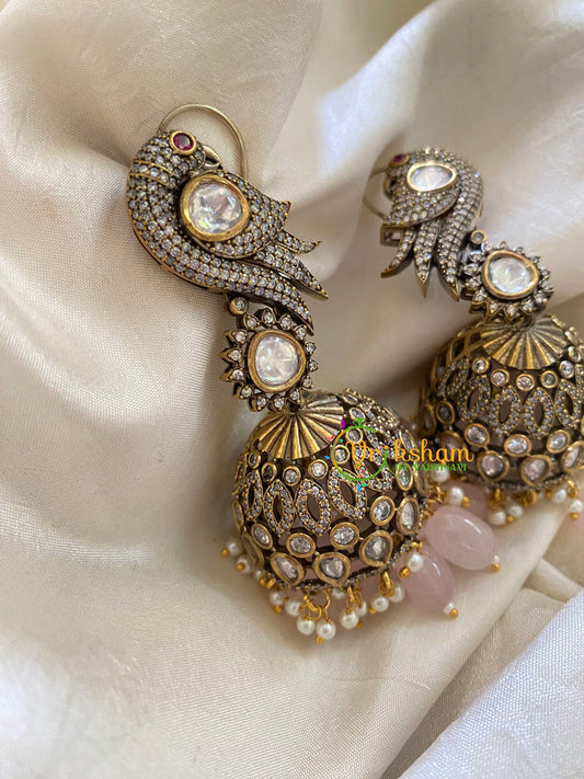 Light Pink Bead Victorian Diamond Jhumkas -Parrot -VV422