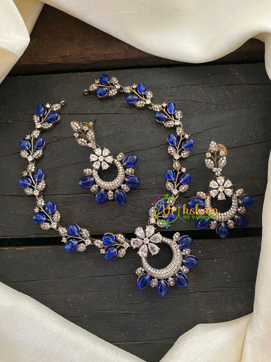 Victorian Diamond Pendant Short Neckpiece -Royal blue-VV410