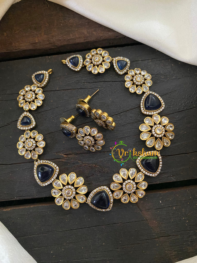 Floral Victorian Diamond Short Neckpiece - Dark Blue -VV397