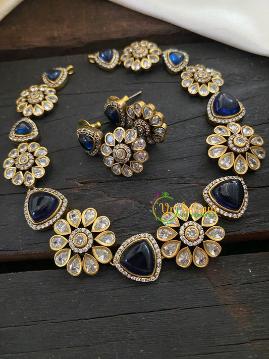 Floral Victorian Diamond Short Neckpiece - Dark Blue -VV397