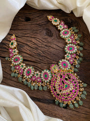 Precious Jadau Kundan Short Neckpiece-Pastel Green Beads -J1608