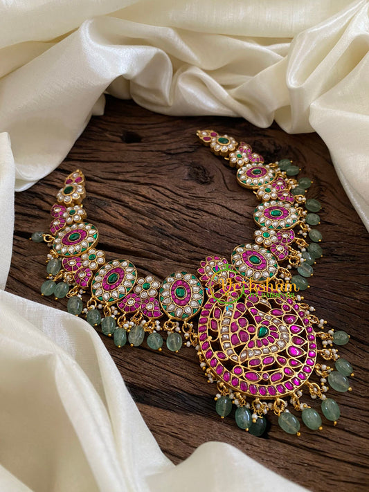 Precious Jadau Kundan Short Neckpiece-Pastel Green Beads -J1608