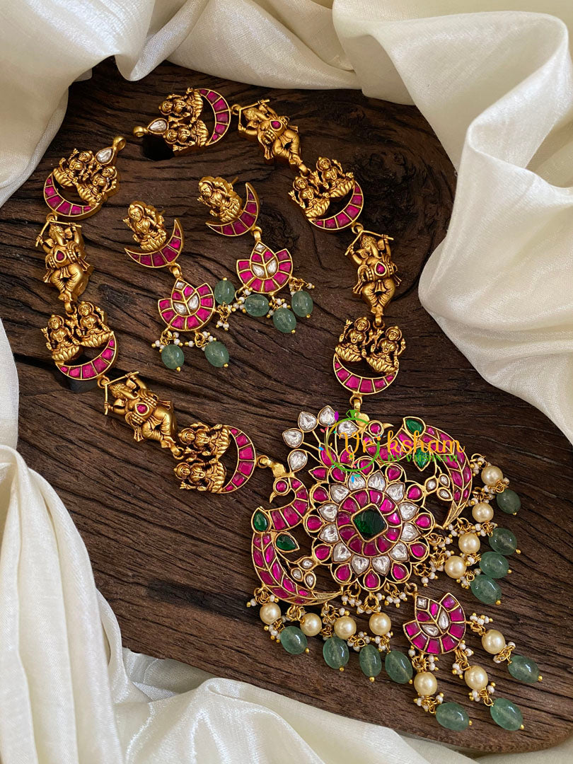 Precious Jadau Kundan Lakshmi Short Neckpiece-Pastel Green Beads -J1609