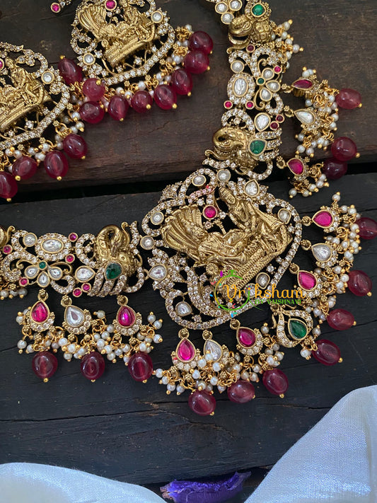 Red Bead Victorian Diamond Temple Choker Short Neckpiece-Vishnu Lakshmi -VV462