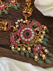 Precious Jadau Kundan Lakshmi Short Neckpiece-Pastel Green Beads -J1609