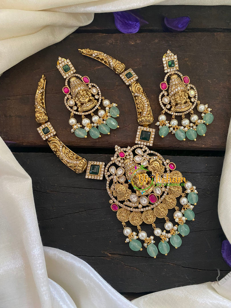 Vishnu Temple Victorian Diamond Short Neckpiece-Red Green -VV381