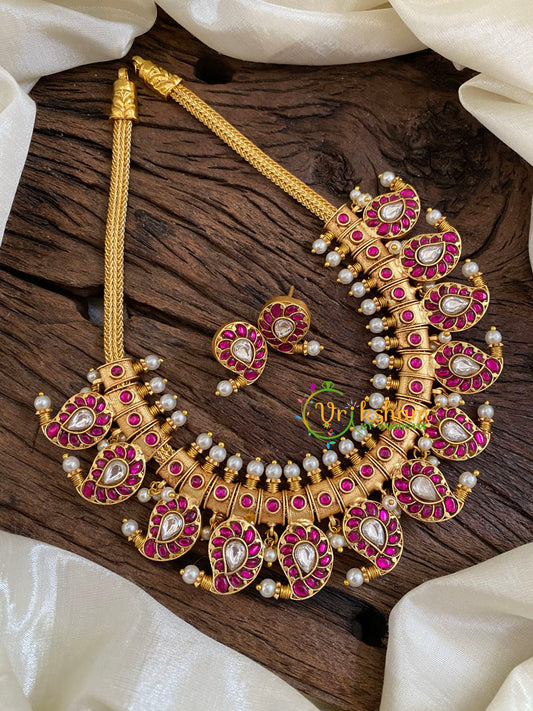 Exquisite Kundan Jadau Maanga Short Neckpiece-Pink White -J1076