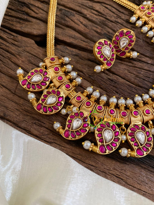 Exquisite Kundan Jadau Maanga Short Neckpiece-Pink White -J1076