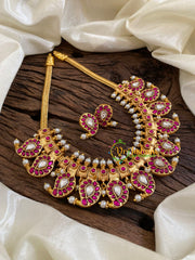 Exquisite Kundan Jadau Maanga Short Neckpiece-Pink White -J1076