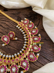 Exquisite Kundan Jadau Maanga Short Neckpiece-Pink White -J1076