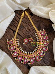 Exquisite Kundan Jadau Maanga Short Neckpiece-Pink White -J1076