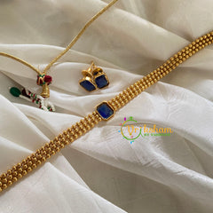 Gold Bead Choker with Pendant-Blue-Square-G3589